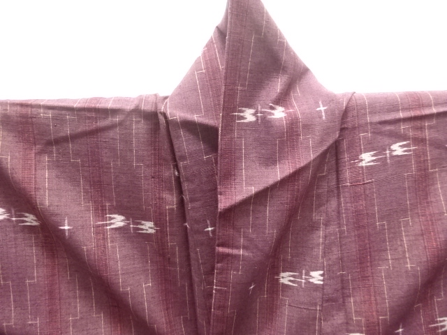  縞にツバメ絣織り出し手織り紬着物